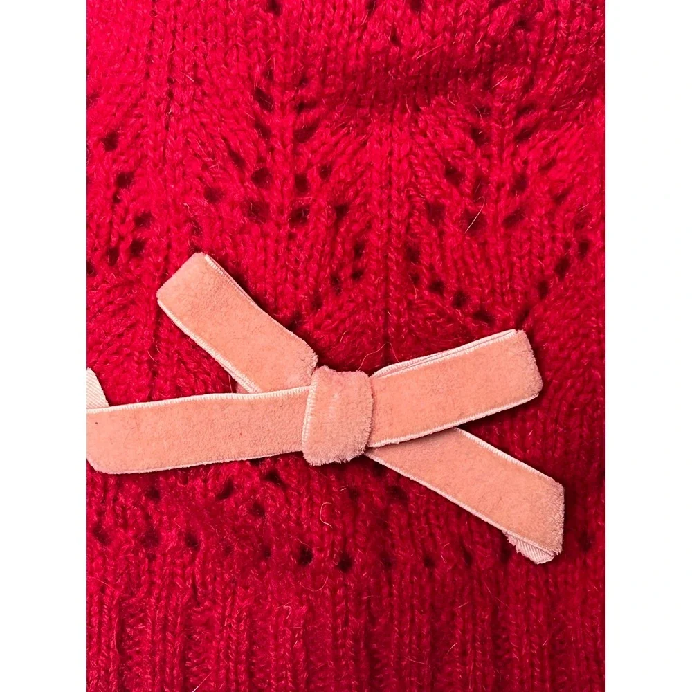 Gap Kids Red‎ Knit Beanie Hat with Pink Velvet Bow One Size Lambswool Blend